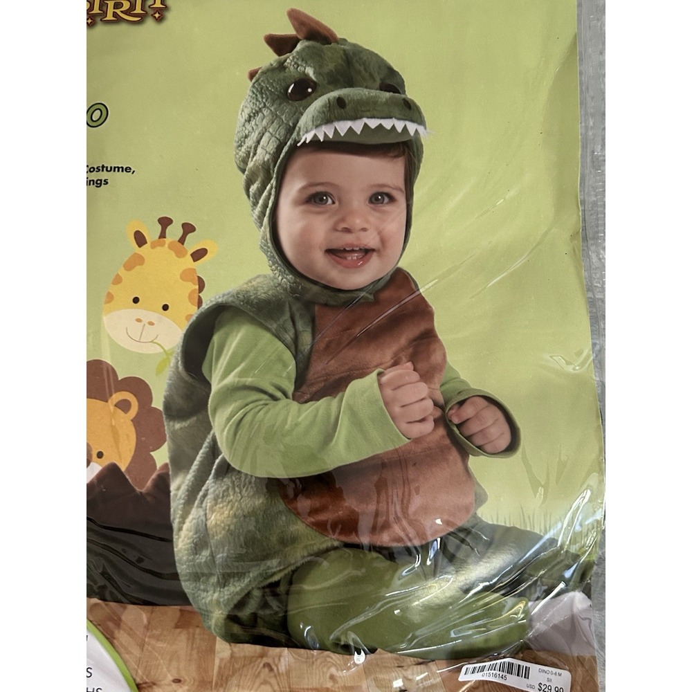 Spirit Halloween Dino Plush Costume Infant 0-6M Green Dinosaur Hood Leggings NEW